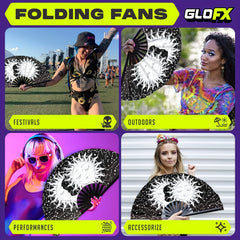 Large Black Folding Fan with Artistic Sun & Moon Design - Durable Plastic, Portable for Music Festivals, Weddings, Parties, Dance Performances & Home Decor