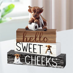 4pcs Wooden Highland (Cattle) Decor - 3 Rustic Scottish Figurines, Animal Blocks for Farmhouse Shelf, Tabletop, or Scottish-Themed Room Décor - Multi- Scottish Cattle Blocks