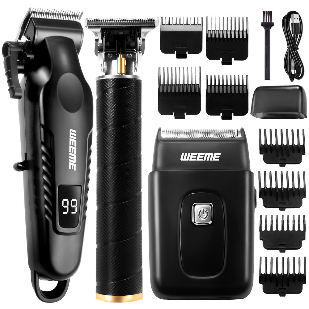 WEEME Golden 3pcs 2pcs 1pc Men's Hair Clipper Set, USB Rechargeable Hair Clippers, Trimmer And Shaver Kit, with Guide Combs & Cleaning Brushes, Grooming Gift Set for Men, Husband, Boyfriend, Dad Valentine's Day Gift