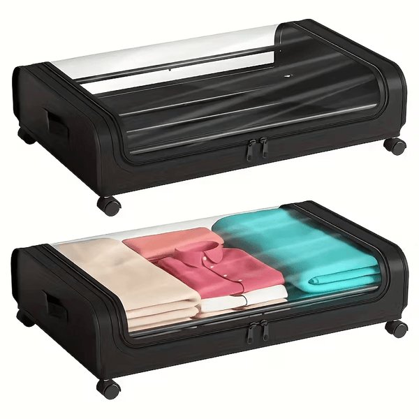 2 sets Underbed Storage Box, Underbed Storage Box with Wheels Lid, 96L Metal Frame, Bed Box, Organiser, Storage Bag, Foldable Underbed Box for Clothes, Shoes, Blankets, Bedding, Black, Under-Bed Storage
