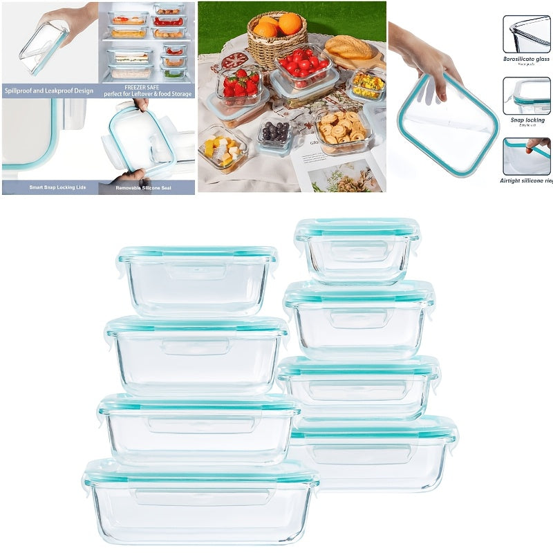 16pcs Glass Refrigerator Storage Box, Food Storage Container, (8 Containers +8 LIDS)Crisper with Leak-proof Lock Lid - for Microwave, Lunch Box, Refrigerator, Party, Camping, Wedding - for Meals, Snacks, Fruits, Vegetables, Fitness Meals, Meat