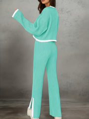 Women'S Short Color-Blocked Long-Sleeve Top with Solid Color Pants, a Casual And Stylish Outfit for Christmas