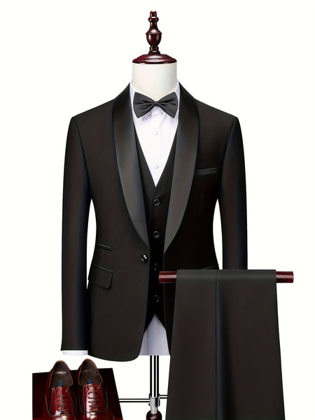Men'S Suit Set, 3pcs Blazer, Vest And Trousers, Groomsman Business, Fashionable Elegant, Premium Men, Suitable for Wedding, Business, Party (With Pocket Square)