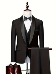 Men'S Suit Set, 3pcs Blazer, Vest And Trousers, Groomsman Business, Fashionable Elegant, Premium Men, Suitable for Wedding, Business, Party (With Pocket Square)