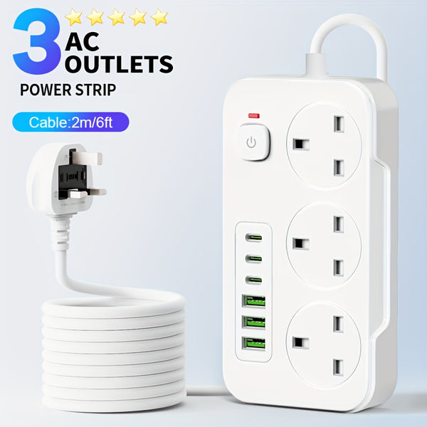 9-in-1 Power Strip Surge Protector, Power Socket/ Power Board/ Extension Cord, 3250W, 13A, Portable Power Socket, Overload Protection, 3 AC Power Sockets, 6 USB Ports, Suitable for Home, Kitchen, Office Or Hotel Use