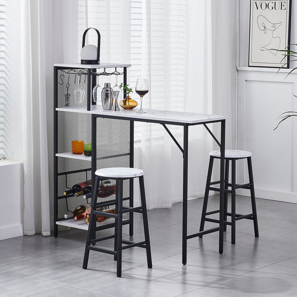 3pcs Bar Table and Stools Set, Kitchen Breakfast Bar Table and Chairs Set 2 with Cup Holder and Wine Rack, Bar Table Sets Furniture for Kitchen, Dining Room, Pub, Cafe
