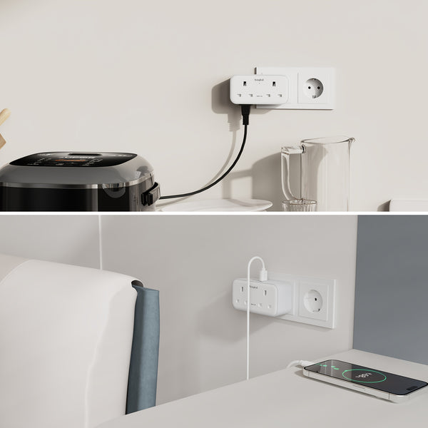 UK to EU Travel Adapter with 3 USB Ports & 2 AC Outlets - 3250W Power Max, 2-Pin Sockets for Germany, France, Spain, Greece, Netherlands, Poland, Portugal - White/Black