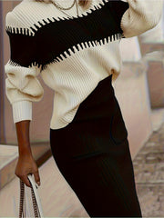 Chic Women's Ribbed Two-Piece Set: Color Block Sweater& Midi Skirt- Comfortable, Shaping Casual Wear for Fashion-Forward Ladies