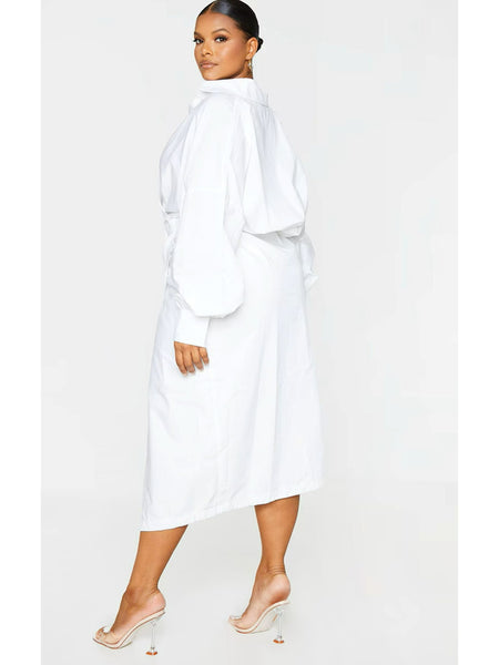 Women Wrap Midi Shirt Dress, Long Sleeve Lapel Side Zip Ruched Split Hem Dresses, Casual Office Party Dress