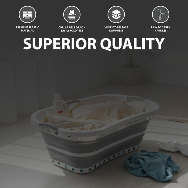 Large 37L Foldable Laundry Basket – Collapsible Clothes Hamper with Non-Slip Handles, Curved Space-Saving Design, Durable Plastic Laundry Storage for Home & Bathroom