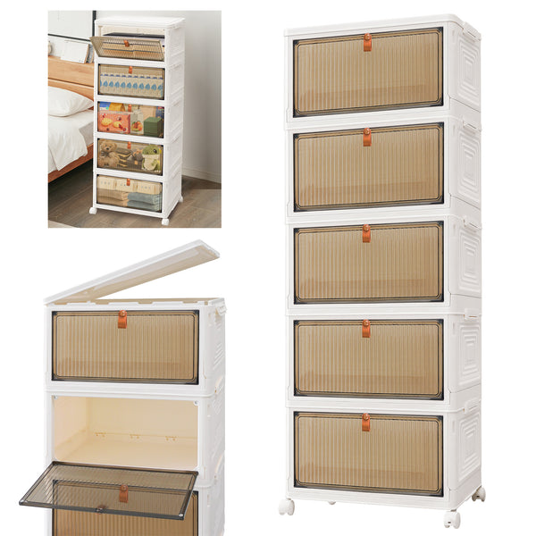 3 4 5 Tier Folding Storage Box, Plastic Collapsible Storage Box with Wheels, Stackable Storage Boxes with Lids and Front Opening Door Stackable Storage Boxes with Lids, 4 Wheels, Sturdy PP Matterial, Foldable Plastic Storage Unit for Toys/Office Supplies/