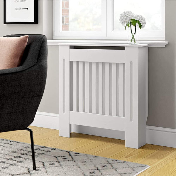 Radiator Cover Cabinet Large Small Wooden Radiator Cover, White Wood Painted MDF Cabinet Heater Cover Cabinet, Slats, Grill, Wood Top Shelf Easy Assembly for Living Room, Hallway, Bedroom Decoration