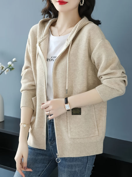 Women's New Fashionable Hooded Sweater, Outerwear with Hood, Cashmere Cardigan Autumn Wear, Drawstring Hood Design, Loose Fit, Cashmere Fabric Texture, Suitable for Women Who Pursue Comfort, Fashion and Warmth.