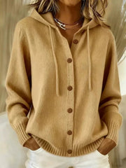 Drawstring Hooded Button Front Cardigan with Side Pockets