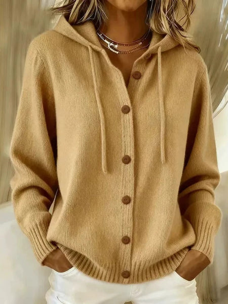 Drawstring Hooded Button Front Cardigan with Side Pockets