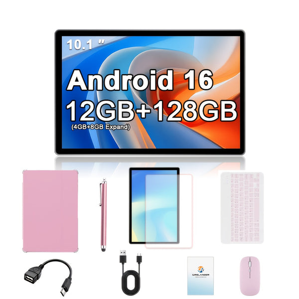 NEW Tablet Android 16 2 in 1 Tablet 10.1-Inch IPS Display 12GB RAM(4GB+8GB Expand) 128GB ROM, Support 1TB TF Card Extension, with Keyboard, Mouse, Stylus, Holder Case, 5G Wi-Fi & Wireless, GMS, Tablet, Pad