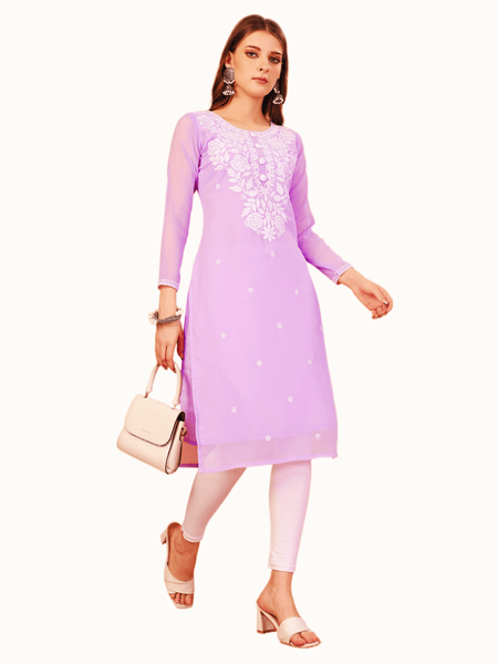 Estationeryhouse Women's Georgette Lucknowi chikankari kurti, Rose Design with Heavy Embroidery, Without Bottom