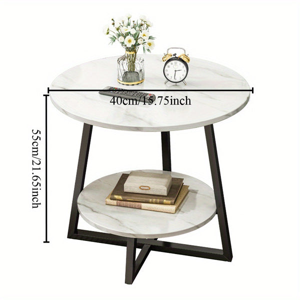 Marble Effect Round Small Coffee Tea Table 2 Tier White Grey Sofa Side Tables Living Room Bedroom Corner Plant Pot Stand Flower Pot Holder Display Shelf Metal Base