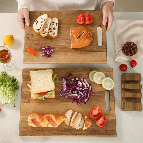 3pcs Acacia Wood Cutting Boards Set | Large Wooden Cutting Boards with Handle, Thick Chopping Boards for Meat, Fruit, Vegetables, and Cheese - Polished Surface, Safe