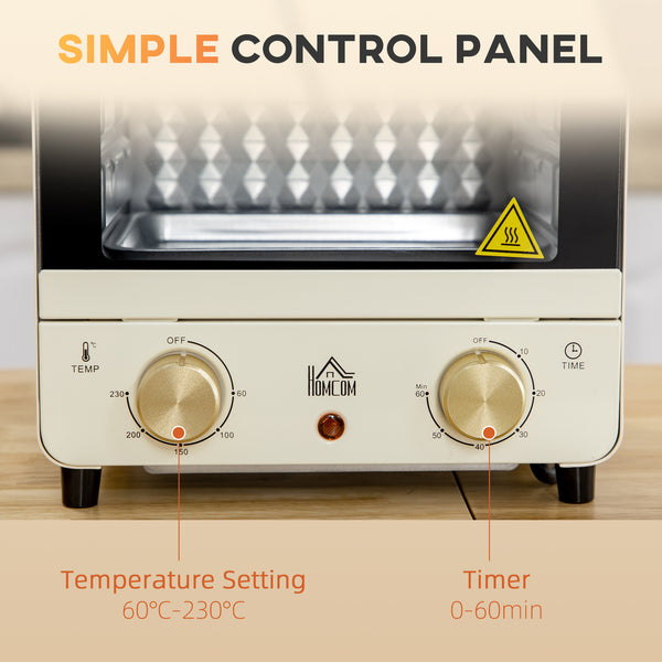 Mini Oven, 15 Litres Electric Oven and Grill with 60-230 Adjustable Temperature, 60 Minute Timer, Include Baking Tray, Wire Rack and Crumb Tray, 1000W, Cream White
