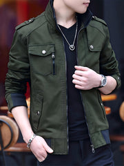 Men'S Solid Color Plaid Lining Cargo Jacket Autumn And Winter Multi-Pocket Design Stylish Long Sleeve Stand Collar Street Jacket Outdoor Coat Locomotive Jacket