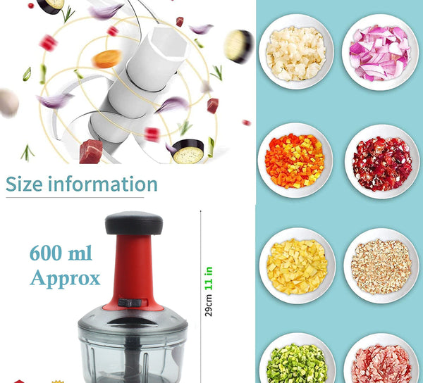 SUL Manual Food Chopper, Hand Pull/Push Chopper with Removable Blades and Non-Slip Base Food Chopper for Kitchen to Chop Fruits,Vegetables, Salad (Push Chopper (Red) 600ml)