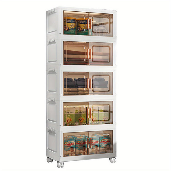 5-Tier Collapsible Plastic Storage Bins with Magnetic Doors & Wheels - Stackable High Quality Organizer, Transparent Tawny, Large Capacity (55.12x33.02x153.92cm) for Bedroom, Living Room, Kitchen, Entryway - Easy Tool-Free Assembly, Modern Aesthetic, Smoo
