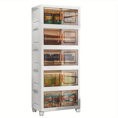 5-Tier Collapsible Plastic Storage Bins with Magnetic Doors & Wheels - Stackable High Quality Organizer, Transparent Tawny, Large Capacity (55.12x33.02x153.92cm) for Bedroom, Living Room, Kitchen, Entryway - Easy Tool-Free Assembly, Modern Aesthetic, Smoo