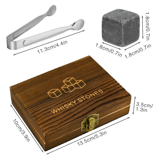 Whiskey Stones Gift Set 9pcs Luxury Wooden Box Chilling Rocks Ice Cubes Serve