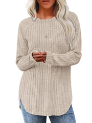 Ladies' Basic Long-Sleeve Sweater, Loose-Fit Top with Elegant Crew Neck.