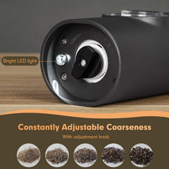 Electric Salt and Pepper Grinder Set, 2pcs with Base and Cleaning Brush, Adjustable Grind Coarseness, LED Lighting, Suitable for Kitchen/BBQ/Restaurant, Kitchen Table Seasoning Tool or Gift, Black