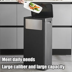 32L Double-Opening Large Capacity Assembled Garbage Bin, Black Plastic Waste Container, Featuring Press/Push Lid Opening Mechanism, Ideal for Kitchen, Living Room, Bedroom, Bathroom, And Commercial Use