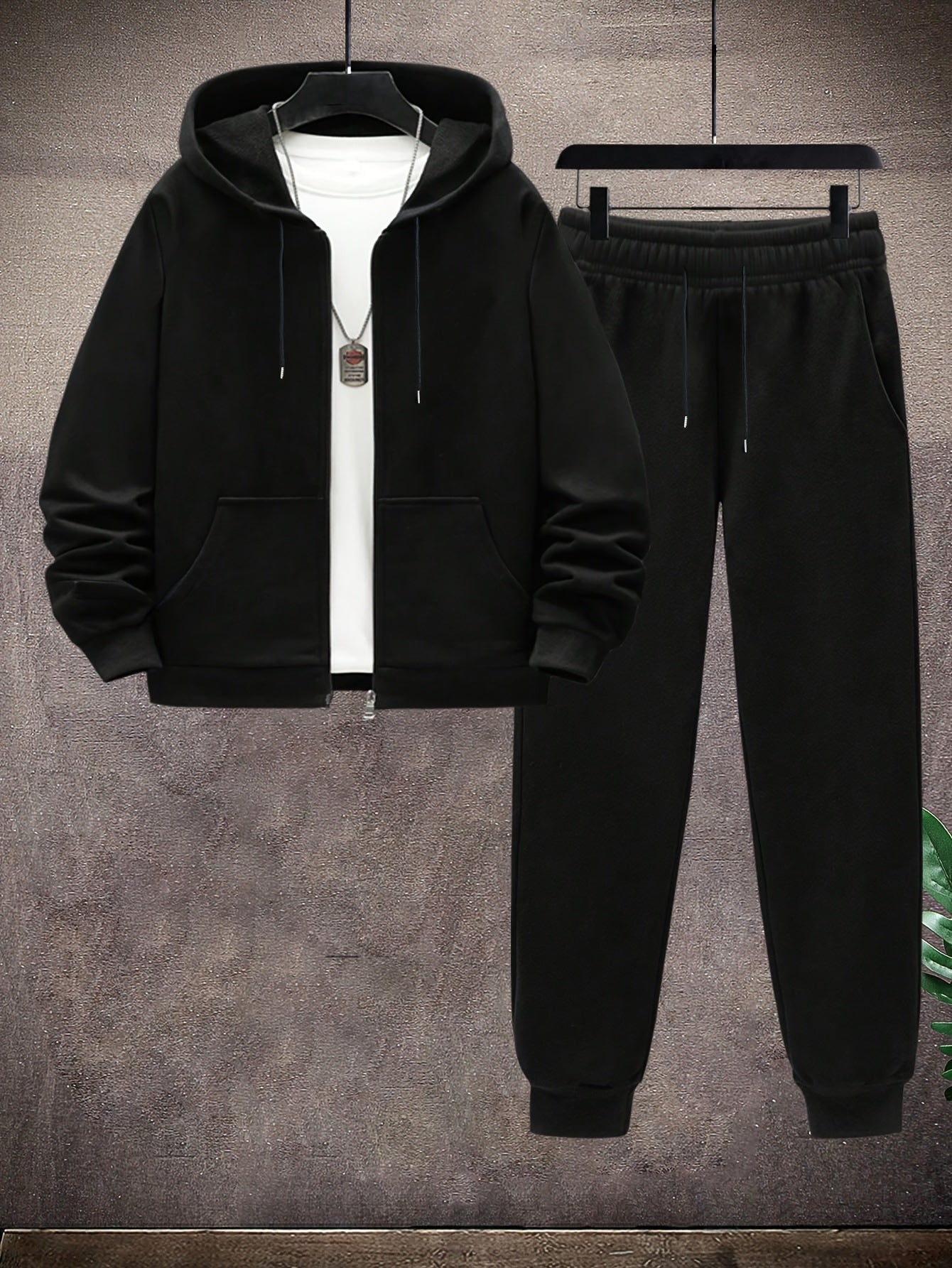 2pcs Men's Solid Color Casual Sports Suit Set, Includes Elastic Waist Drawstring Pants And Jacket for Travel, Leisure, Outdoor Camping