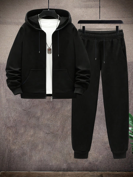 2pcs Men's Solid Color Casual Sports Suit Set, Includes Elastic Waist Drawstring Pants And Jacket for Travel, Leisure, Outdoor Camping