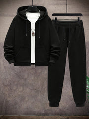 2pcs Men's Solid Color Casual Sports Suit Set, Includes Elastic Waist Drawstring Pants And Jacket for Travel, Leisure, Outdoor Camping