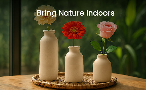 Set of 3 Small Ceramic Vases for Home Decor Table Centrepieces Rustic Farmhouse Style, Mini Decorative Vases (White)