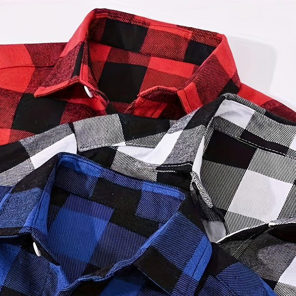 3 Men'S Plaid Shirt Top Lapel Long Sleeve Closure Men'S Casual Shirt Suitable for Men'S Daily Holiday Street Wear Casual Plaid Shirt Four Seasons Fashion Comfortable Fit Red, Blue And Black 3-Color Combination Pc Button Collar Chest Pocket
