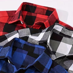 3 Men'S Plaid Shirt Top Lapel Long Sleeve Closure Men'S Casual Shirt Suitable for Men'S Daily Holiday Street Wear Casual Plaid Shirt Four Seasons Fashion Comfortable Fit Red, Blue And Black 3-Color Combination Pc Button Collar Chest Pocket