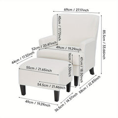 White Teddy Fabric Lounge Chair with Ottoman - 69x58x85.5cm Plush Armchair, Sponge Cushion & Plywood Frame, for Living Room/Bedroom (Black Wooden Legs)