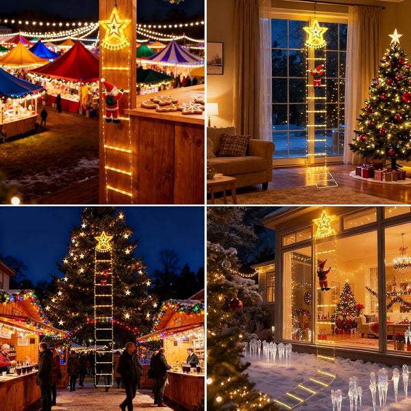 Fohil 9.8FT Christmas Ladder Lights with Top Star & Climbing Santa, Waterproof Outdoor Christmas Lights 8 Lighting Modes, Outdoor Christmas Decorations for Window Garden Wall Tree Xmas Decor