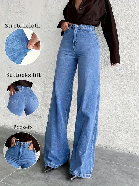High-Waisted Mid-Blue Stretchy Denim Slightly Flared Pants That Enhance The Buttocks And Create a Effect in a European Style