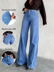 High-Waisted Mid-Blue Stretchy Denim Slightly Flared Pants That Enhance The Buttocks And Create a Effect in a European Style