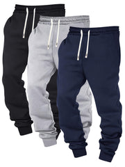 Three-pc Men's Solid Color Plain Elastic Waistband Drawstring Ribbed Cuffed Casual Jogger Pants, Men's Dress Administrative Trousers