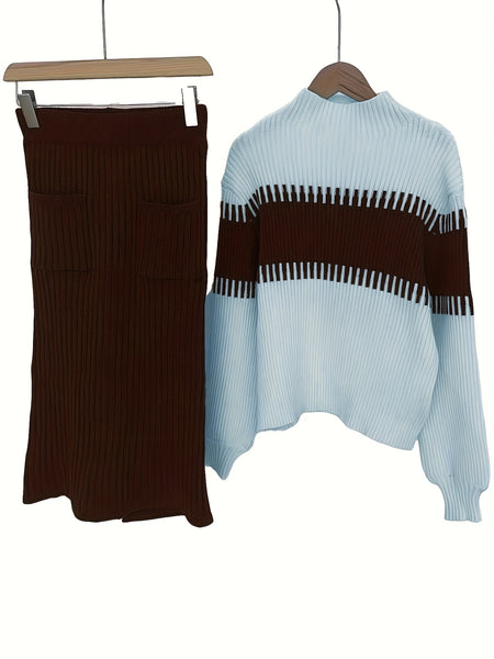 High Neck Pullover Skirt Split Two-Piece Color Block Contrast Thick Long Sleeve Sweater Set, Winter Wardrobe, Elegant Style, Color Block Design, Thick Fabric, Pullover Top, Long Sleeve Skirt, Women'S Fashion, Office Wear