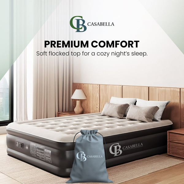 Casabella Air Bed - Airbed with Built-in Electric Air Pump, 3 Min Self-Inflating/Deflating Single Air Mattress with Flocked Surface, Portable Blow Up Mattress for Home, Camping & Guests (99x190+46cm)
