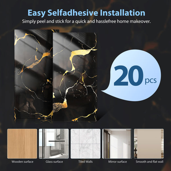 STOBOK 20pcs Self-Adhesive Decorative Tile Wall Stickers, Washable with Water, Featuring a Marble-Like Appearance. Perfect for Decorating Bathrooms, Kitchens, Living Rooms, Bedrooms, Offices, And Dorms - Shiny End