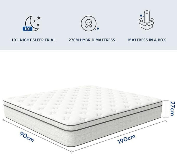 Lazzo Rocco 1st Generation 5FT White Mattress – 10.6 Inch Innerspring Hybrid with Pocket Spring & Breathable Foam, Medium Plush for Cool Comfort Sleep twin size mattress memory