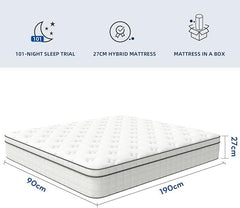 Lazzo Rocco 1st Generation 5FT White Mattress – 10.6 Inch Innerspring Hybrid with Pocket Spring & Breathable Foam, Medium Plush for Cool Comfort Sleep twin size mattress memory