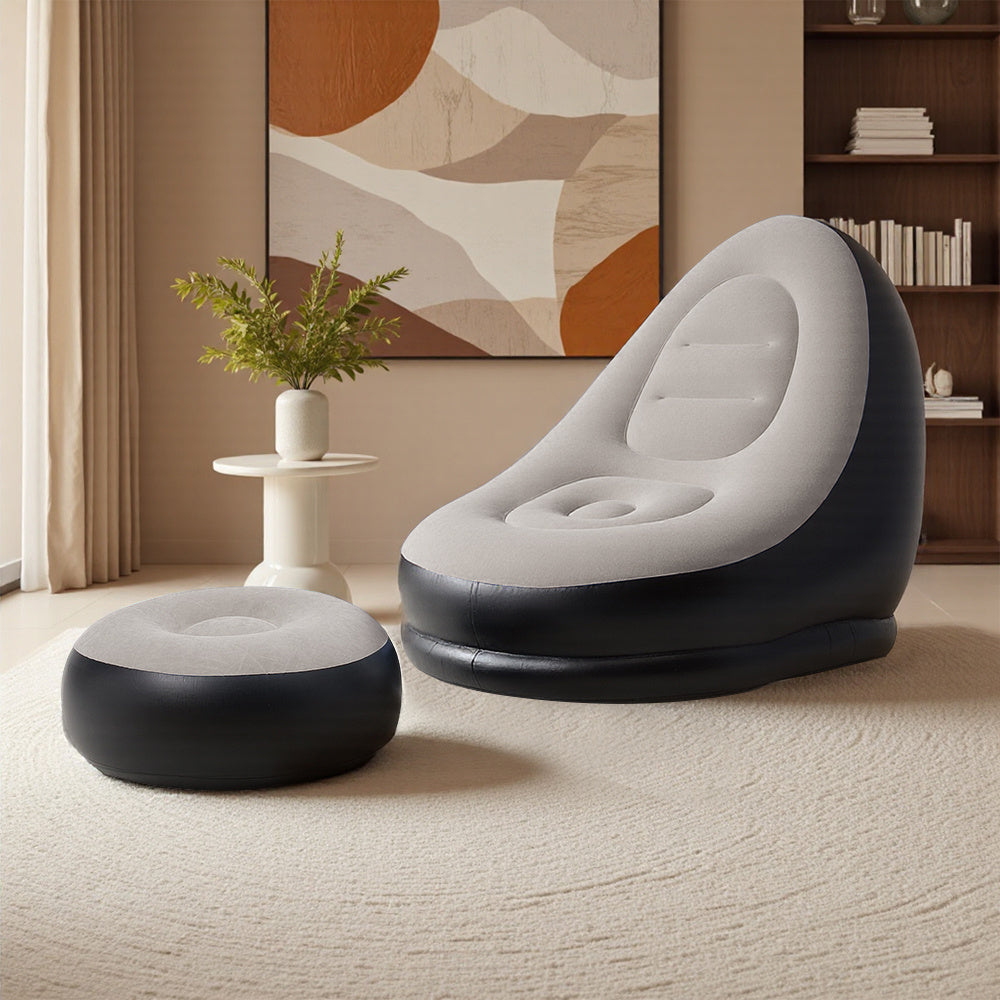 Beige Outdoor Inflatable Sofa Set, Foldable Inflatable Mattress with Footstool, Lazy Sofa, Portable Sofa Set, Made of PVC Material, with Foot Pump