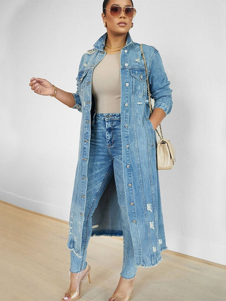New Style Ripped Denim Jacket with Genuine Pockets - Long Women's Denim Jacket